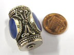 1 Bead - Large ethnic tibetan silver bead with 3 sided Lapis inlay from Nepal - BD829