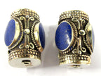 1 Bead - Large ethnic tibetan silver bead with 3 sided Lapis inlay from Nepal - BD829
