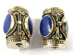 1 Bead - Large ethnic tibetan silver bead with 3 sided Lapis inlay from Nepal - BD829