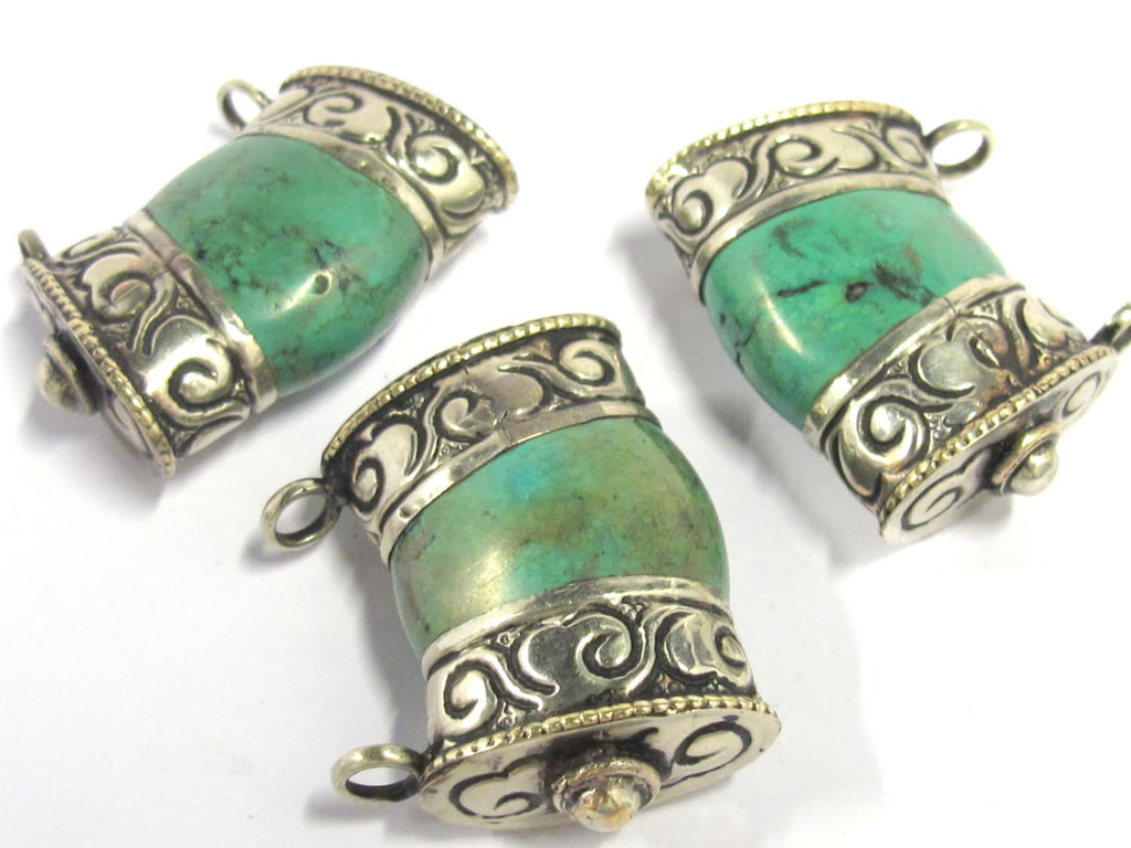 1 Pendant - Ethnic Tibetan silver double bail himalayan turquoise gemstone pendant - PM393A