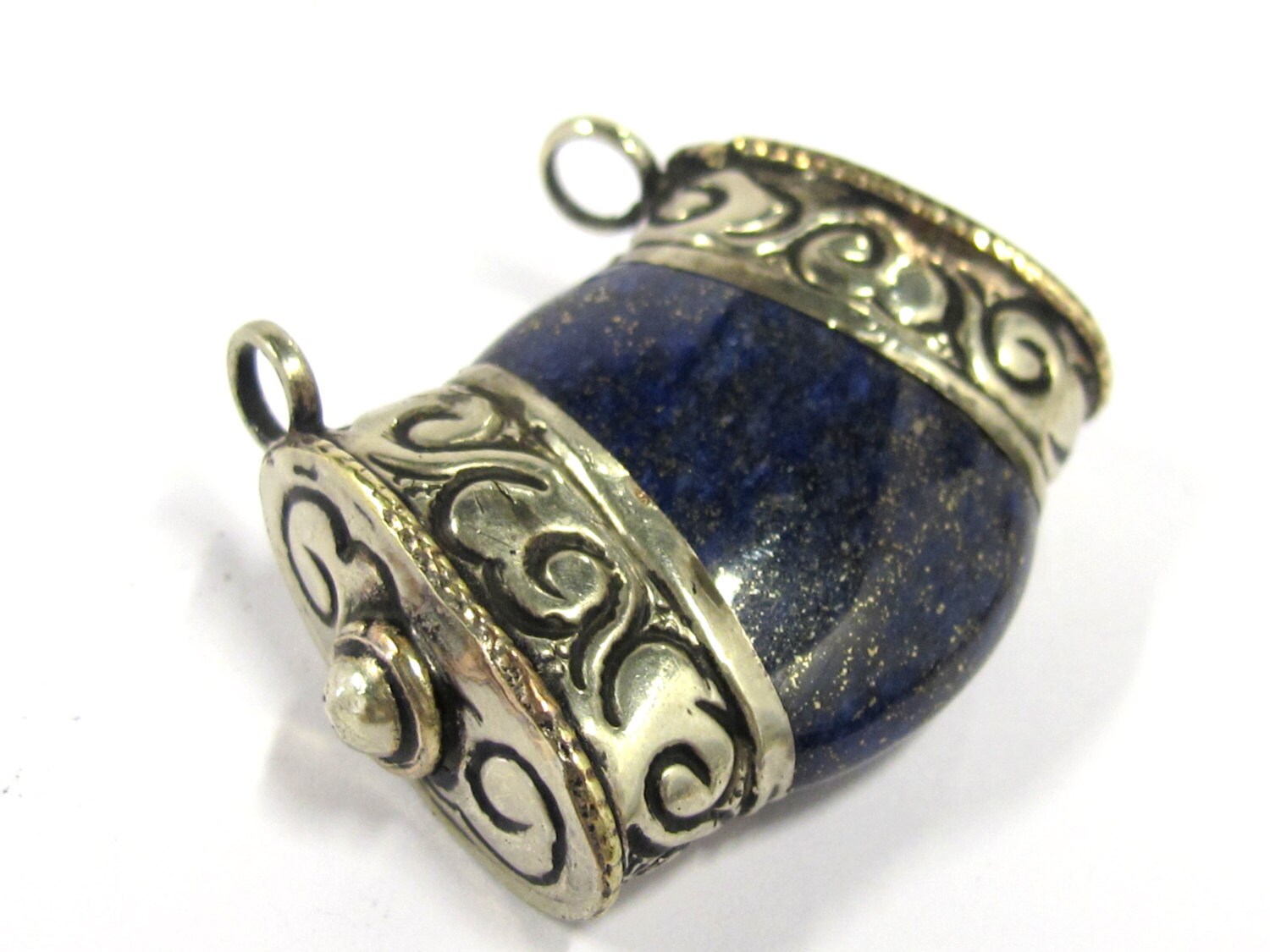 1 Pendant - Ethnic Tibetan silver double bail himalayan Lapis gemstone pendant - PM392