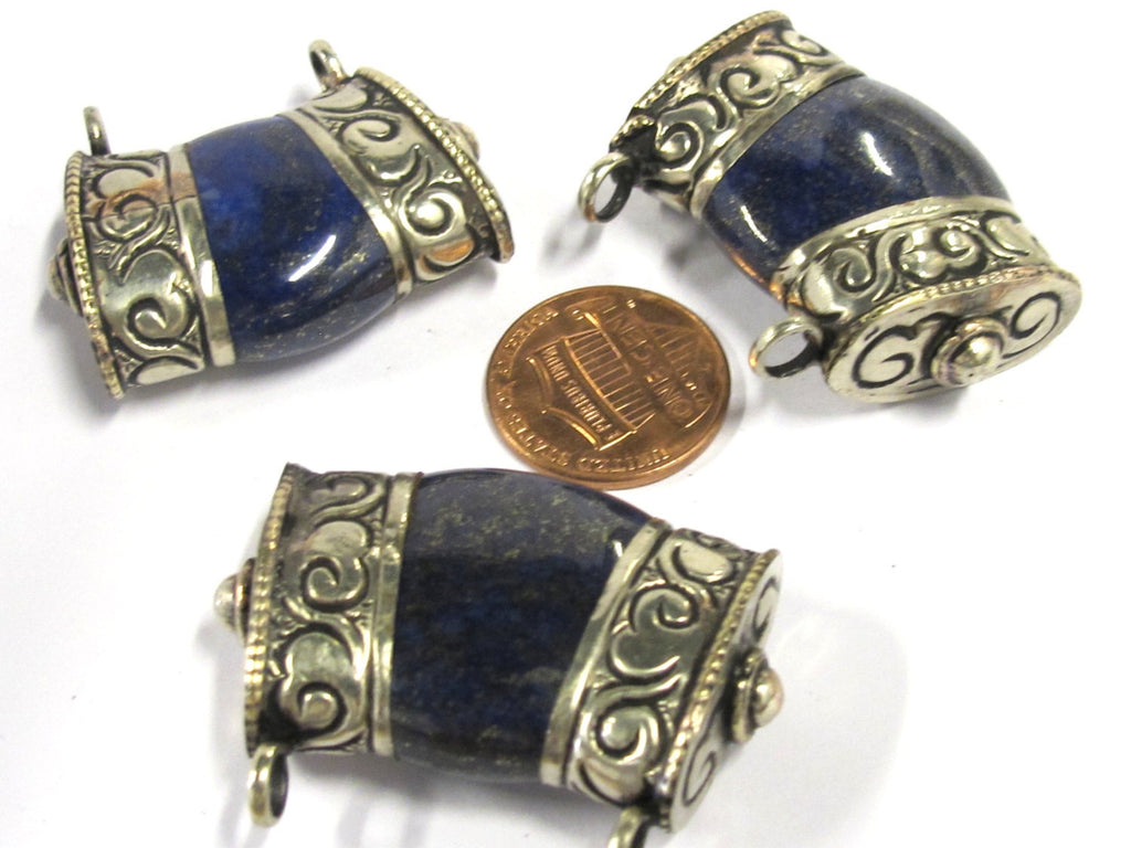 1 Pendant - Ethnic Tibetan silver double bail himalayan Lapis gemstone pendant - PM392