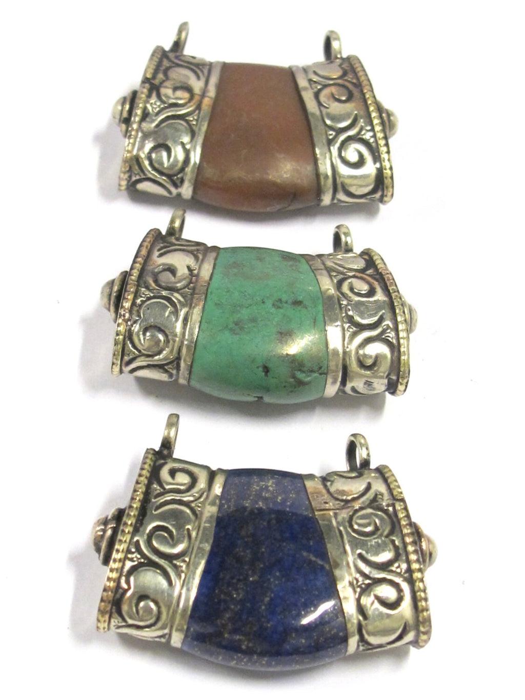 Set of 3 Gemstone Pendants from Nepal with Tibetan silver double bail -turquoise carnelian and lapis set - PM393