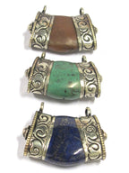 Set of 3 Gemstone Pendants from Nepal with Tibetan silver double bail -turquoise carnelian and lapis set - PM393