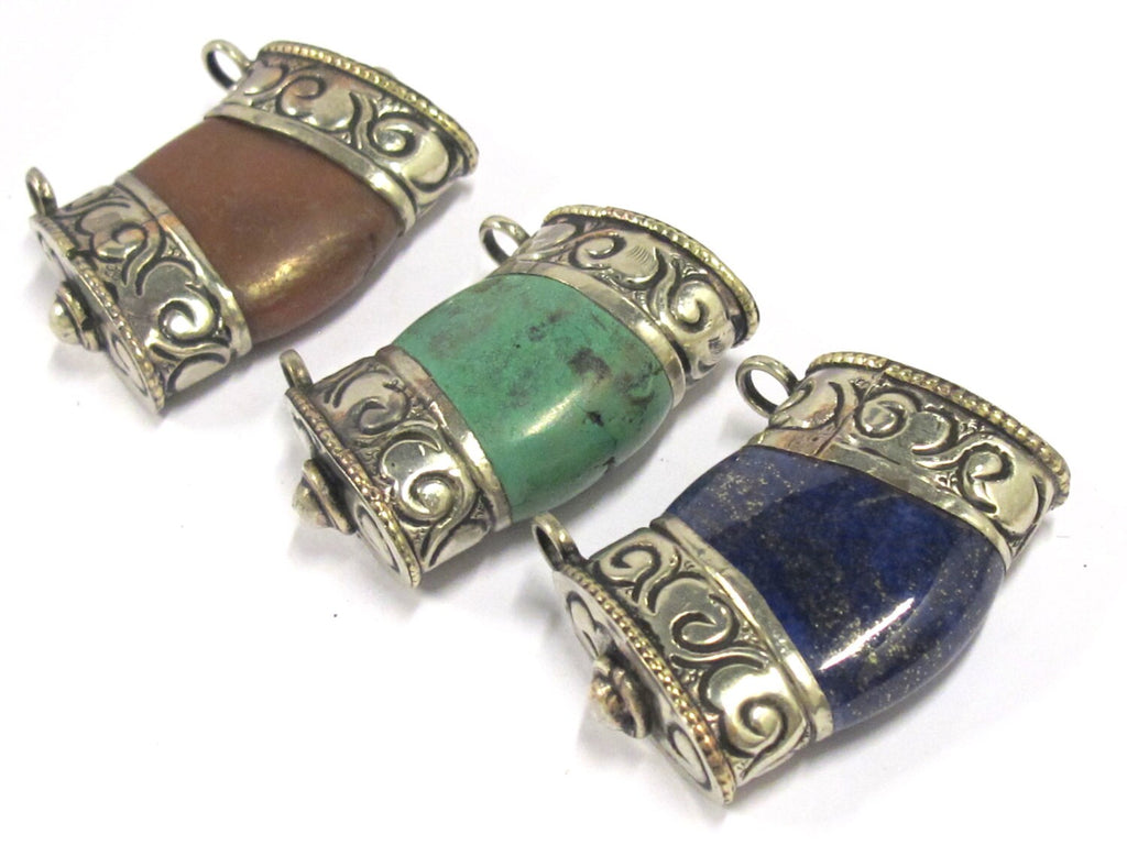 Set of 3 Gemstone Pendants from Nepal with Tibetan silver double bail -turquoise carnelian and lapis set - PM393