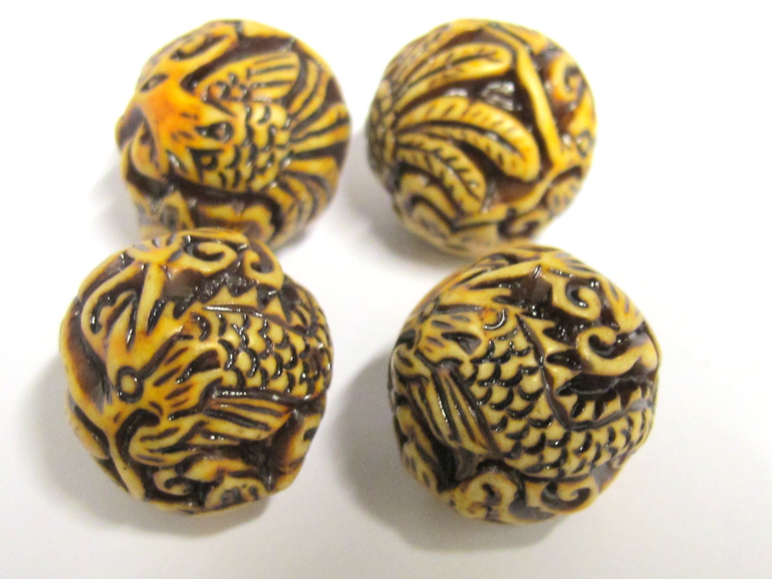 1 Bead - Tibetan carved reconstituted coral resin dragon with phoenix bird bead - BD825