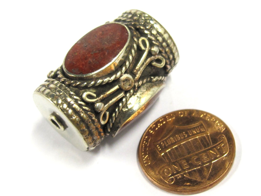 1 Bead - Large cylinder shape tibetan silver bead with 3 sided coral inlay from Nepal - BD827