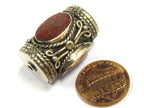 1 Bead - Large cylinder shape tibetan silver bead with 3 sided coral inlay from Nepal - BD827