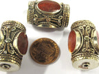 1 Bead - Large cylinder shape tibetan silver bead with 3 sided coral inlay from Nepal - BD827