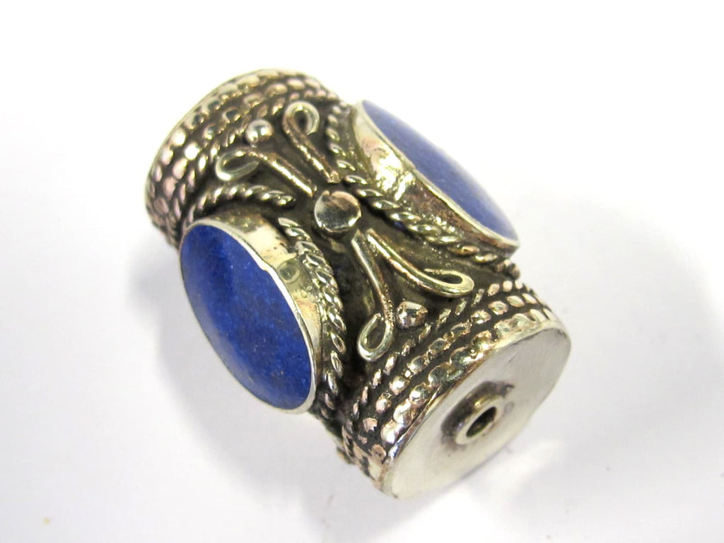 1 Bead - Large ethnic tibetan silver bead with 3 sided Lapis inlay from Nepal - BD829