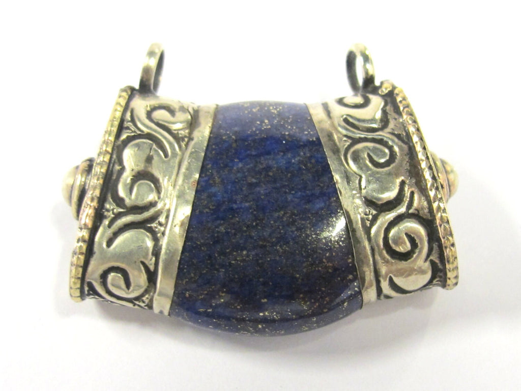1 Pendant - Ethnic Tibetan silver double bail himalayan Lapis gemstone pendant - PM392
