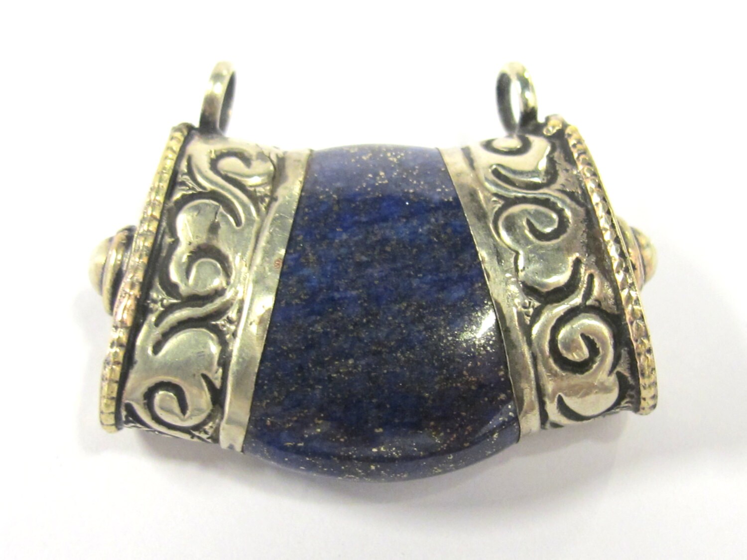 1 Pendant - Ethnic Tibetan silver double bail himalayan Lapis gemstone pendant - PM392