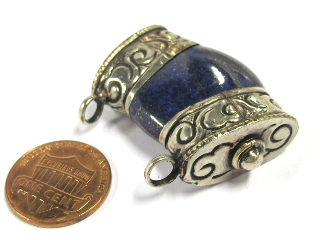 1 Pendant - Ethnic Tibetan silver double bail himalayan Lapis gemstone pendant - PM392