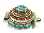 Gorgeous Ethnic Tibetan silver Ghau box pendant with turquoise coral inlay from Nepal - PM395