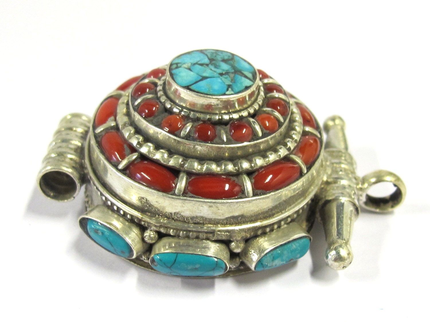Gorgeous Ethnic Tibetan silver Ghau box pendant with turquoise coral inlay from Nepal - PM395