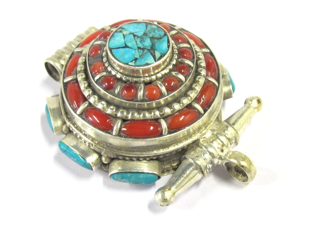 Gorgeous Ethnic Tibetan silver Ghau box pendant with turquoise coral inlay from Nepal - PM395