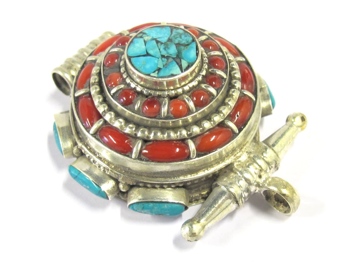 Gorgeous Ethnic Tibetan silver Ghau box pendant with turquoise coral inlay from Nepal - PM395