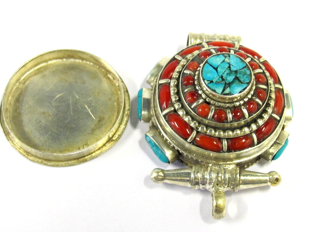 Gorgeous Ethnic Tibetan silver Ghau box pendant with turquoise coral inlay from Nepal - PM395
