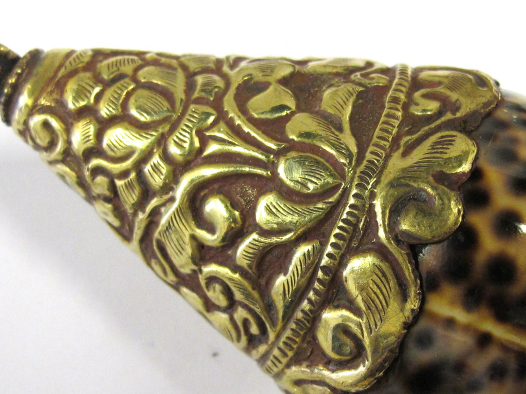 1 Pendant - Extra large cowrie shell with Lotus flower carved brass repousse floral design shell pendant - SP044B