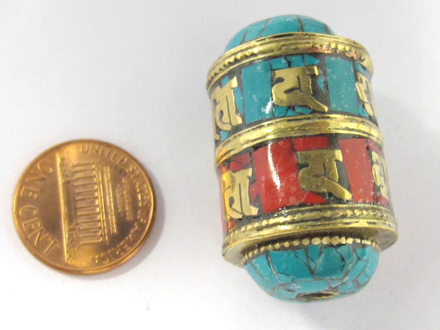 1 BEAD - Ethnic Tibetan om mantra scroll bead with turquoise coral and brass inlay - BD831B