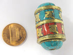 1 BEAD - Ethnic Tibetan om mantra scroll bead with turquoise coral and brass inlay - BD831B
