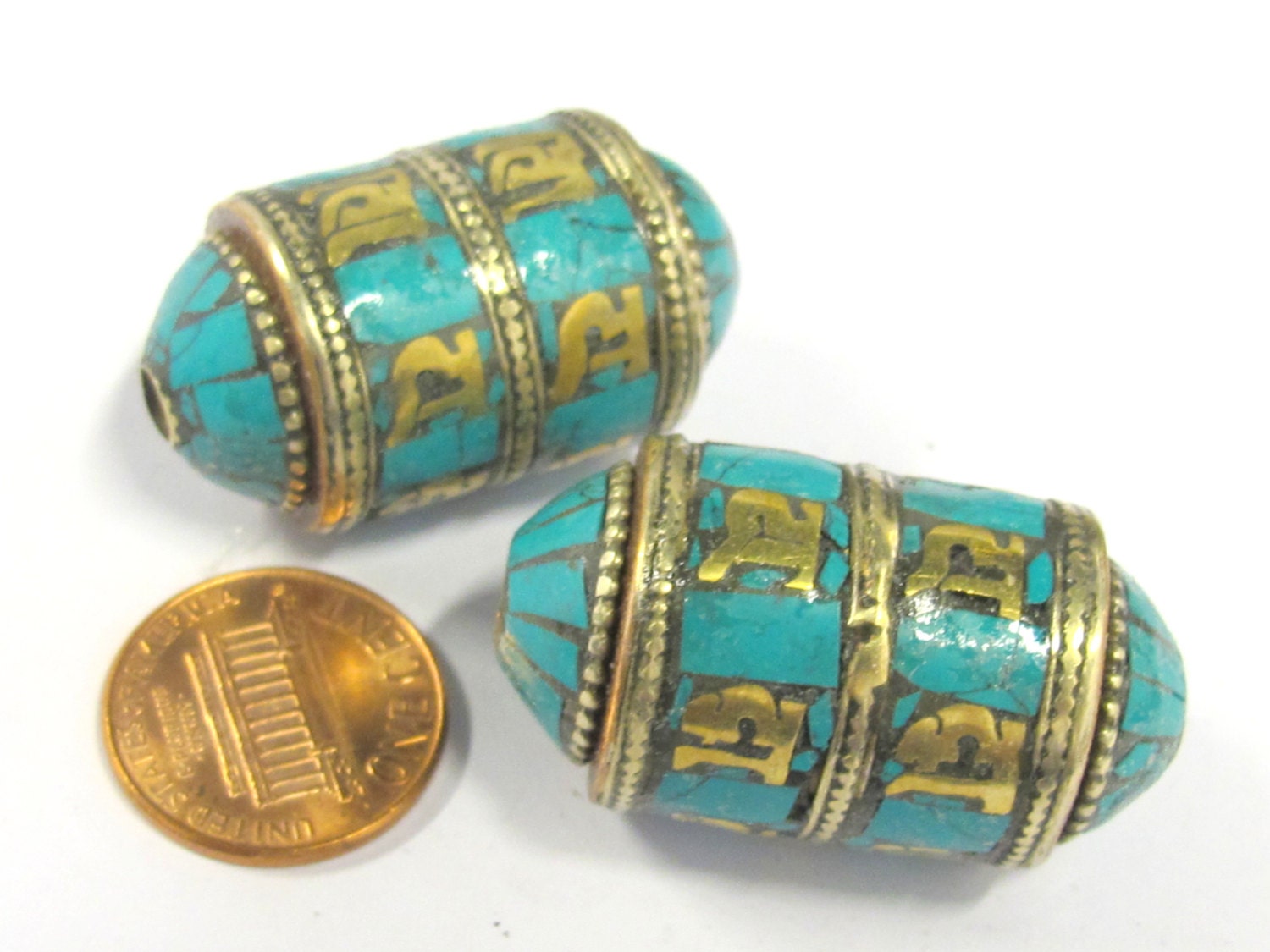 1 BEAD - Ethnic Tibetan om mantra scroll bead with turquoise and brass inlay - BD832