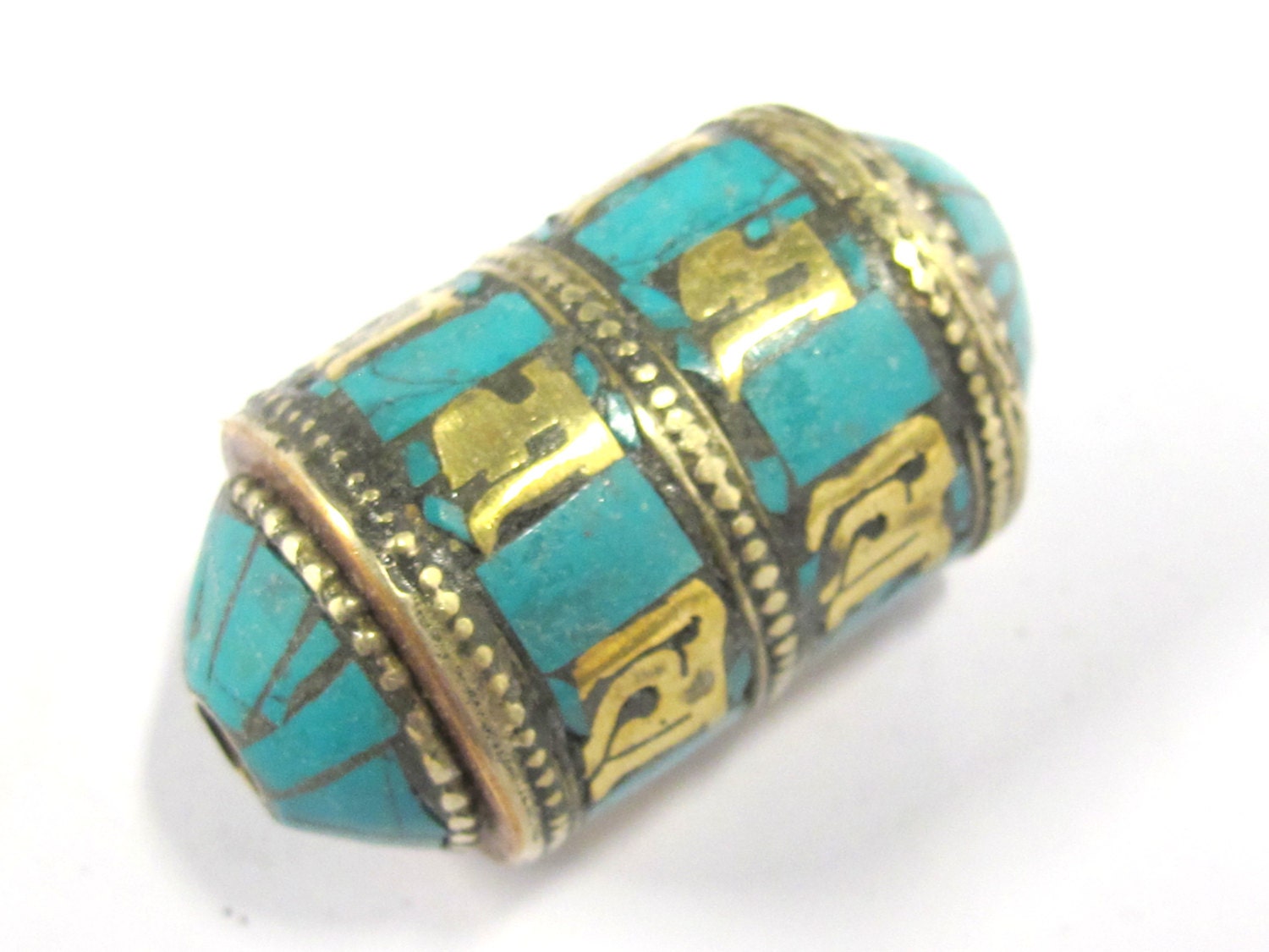1 BEAD - Ethnic Tibetan om mantra scroll bead with turquoise and brass inlay - BD832