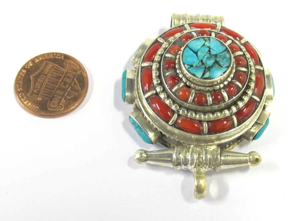 Gorgeous Ethnic Tibetan silver Ghau box pendant with turquoise coral inlay from Nepal - PM395
