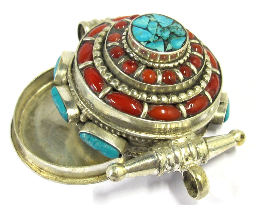 Gorgeous Ethnic Tibetan silver Ghau box pendant with turquoise coral inlay from Nepal - PM395