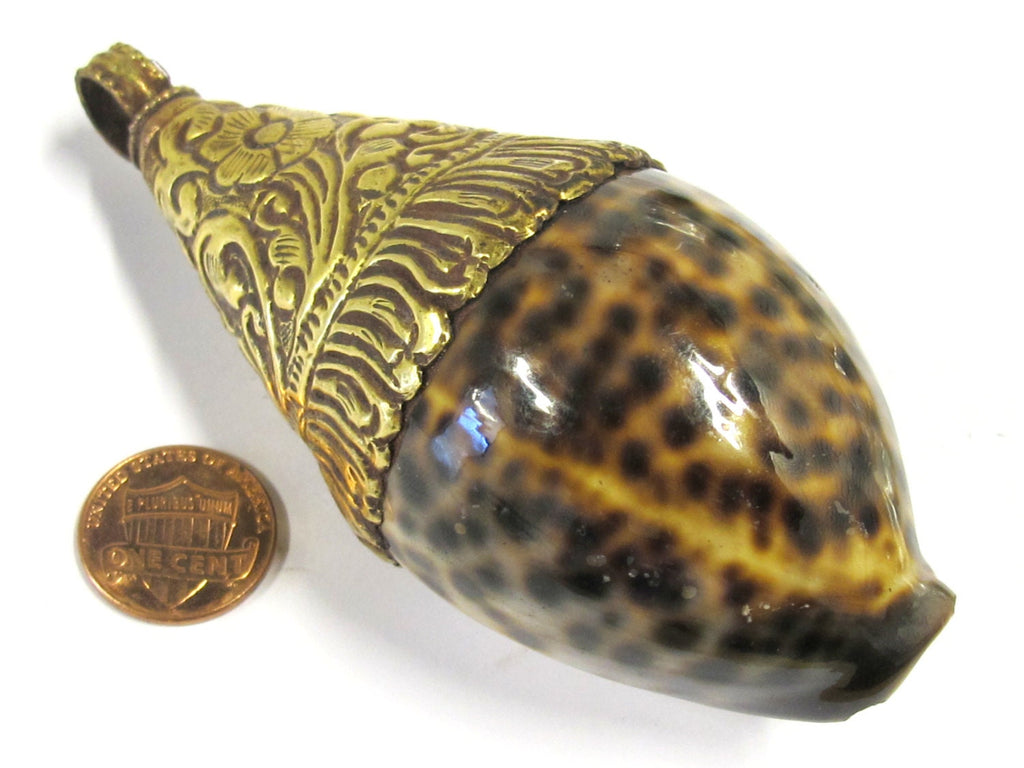 1 Pendant - Extra large cowrie shell with Lotus flower carved brass repousse floral design shell pendant - SP044B
