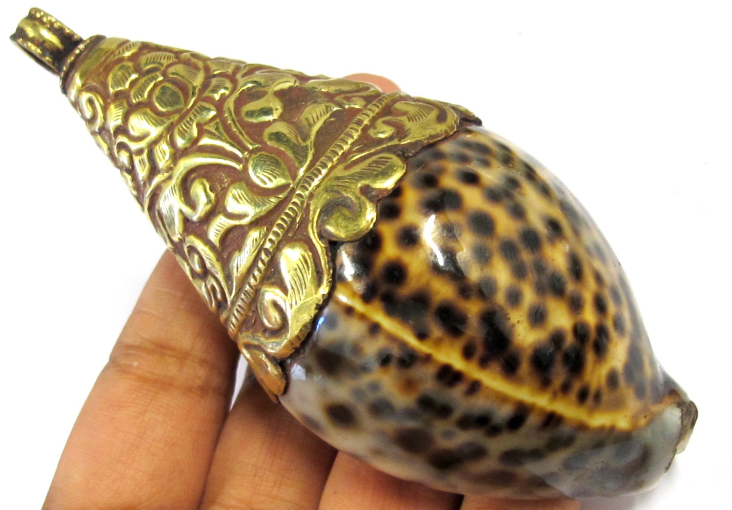 1 Pendant - Extra large cowrie shell with Lotus flower carved brass repousse floral design shell pendant - SP044B