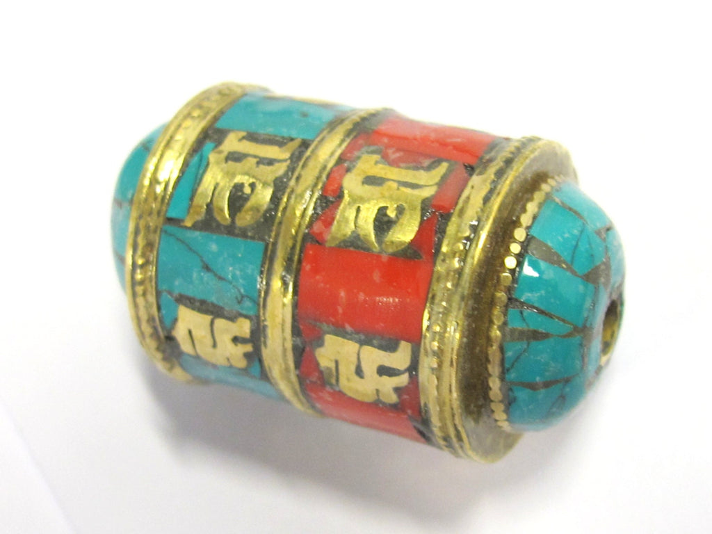 1 BEAD - Ethnic Tibetan om mantra scroll bead with turquoise coral and brass inlay - BD831B
