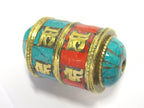 1 BEAD - Ethnic Tibetan om mantra scroll bead with turquoise coral and brass inlay - BD831B