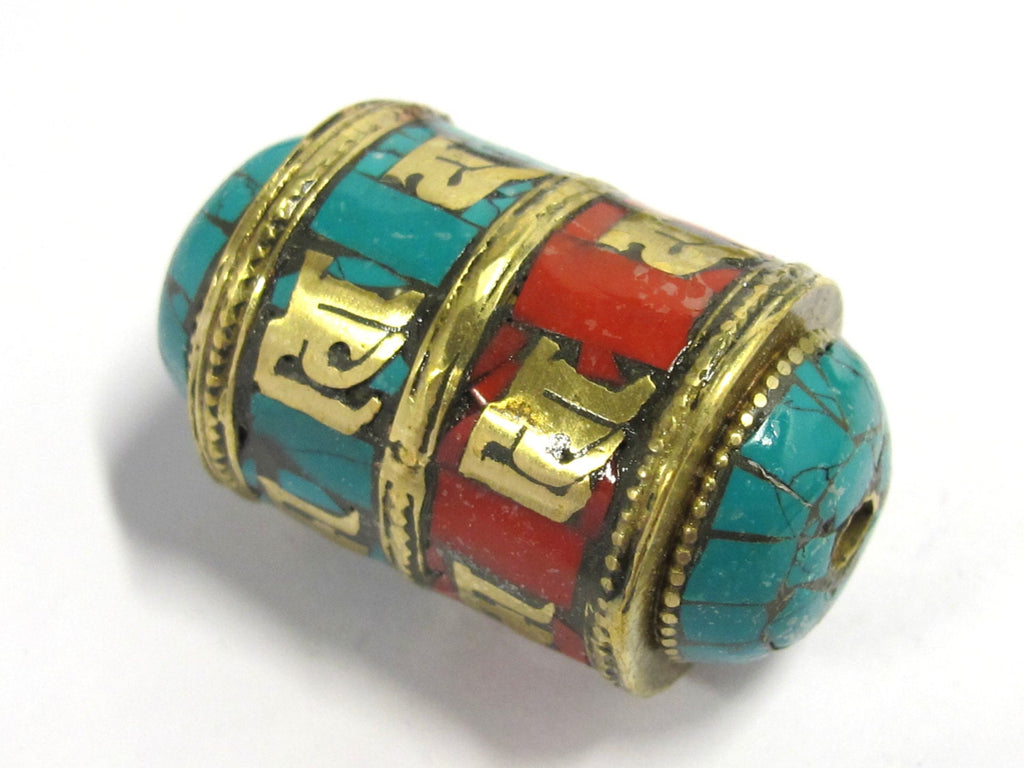 1 BEAD - Ethnic Tibetan om mantra scroll bead with turquoise coral and brass inlay - BD831B