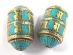 1 BEAD - Ethnic Tibetan om mantra scroll bead with turquoise and brass inlay - BD832