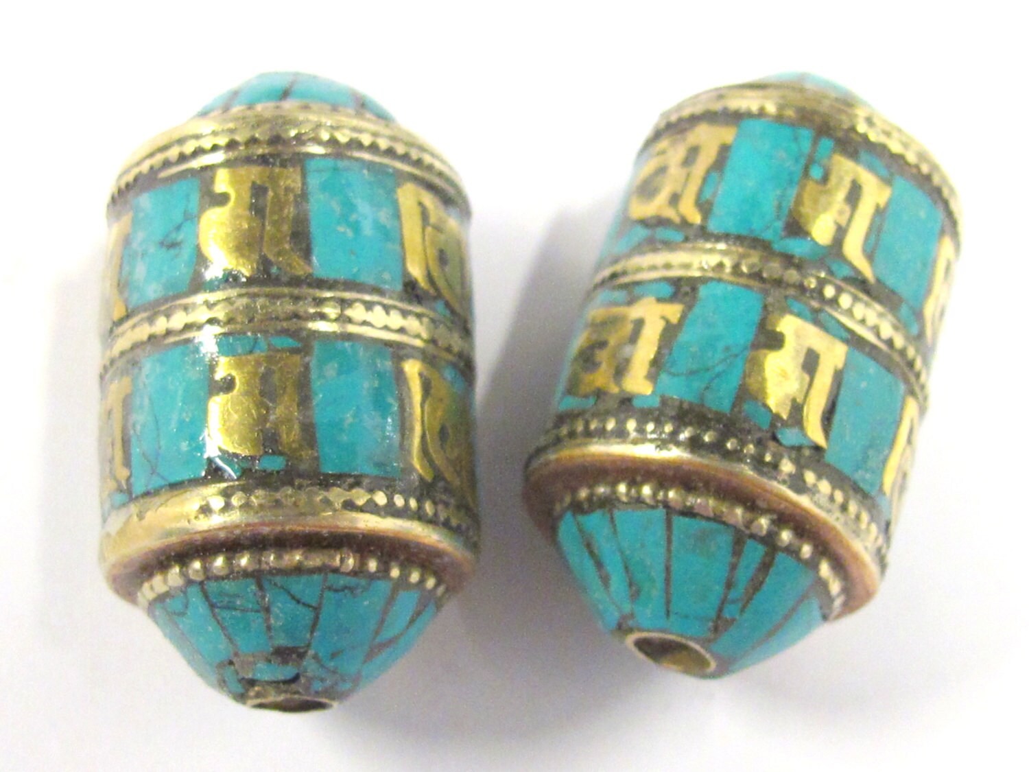 1 BEAD - Ethnic Tibetan om mantra scroll bead with turquoise and brass inlay - BD832