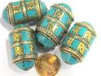 1 BEAD - Ethnic Tibetan om mantra scroll bead with turquoise and brass inlay - BD832
