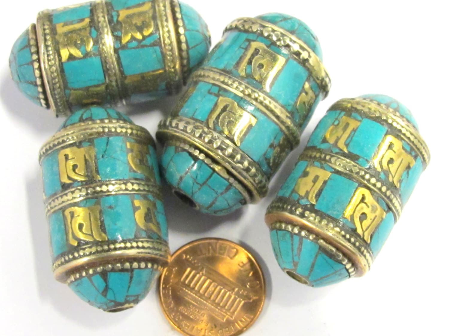 1 BEAD - Ethnic Tibetan om mantra scroll bead with turquoise and brass inlay - BD832