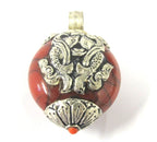 1 Pendant - Reversible Tibetan silver double fish symbol red crackle resin pendant from Nepal - PM396