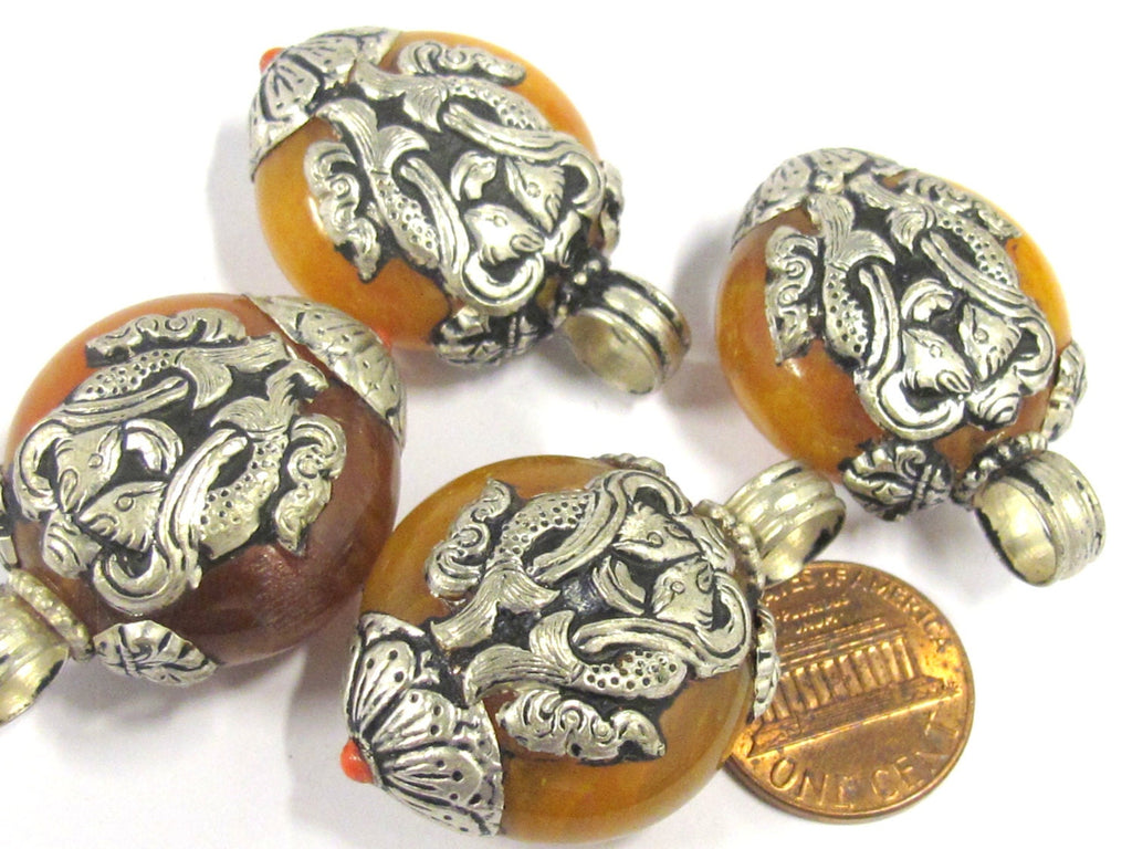 1 Tibetan pendant nepal pendant tibet Pendant charm - Reversible Tibetan silver double fish symbol copal resin pendant from Nepal - PM397