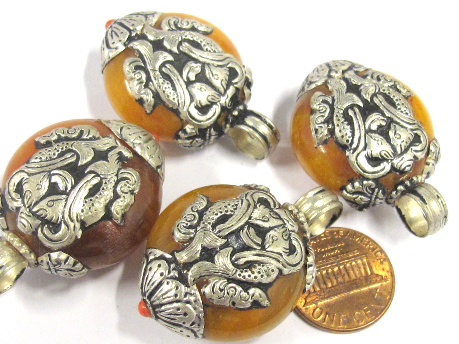 1 Tibetan pendant nepal pendant tibet Pendant charm - Reversible Tibetan silver double fish symbol copal resin pendant from Nepal - PM397