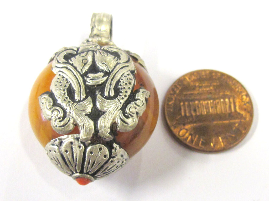 1 Tibetan pendant nepal pendant tibet Pendant charm - Reversible Tibetan silver double fish symbol copal resin pendant from Nepal - PM397