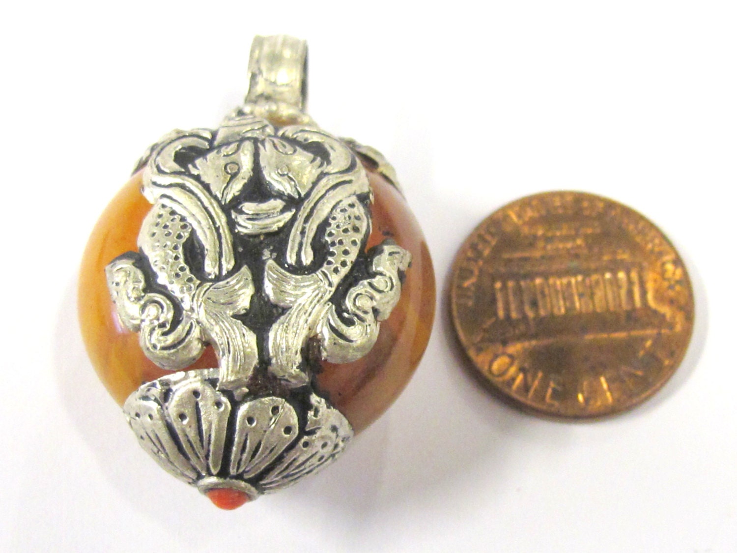 1 Tibetan pendant nepal pendant tibet Pendant charm - Reversible Tibetan silver double fish symbol copal resin pendant from Nepal - PM397