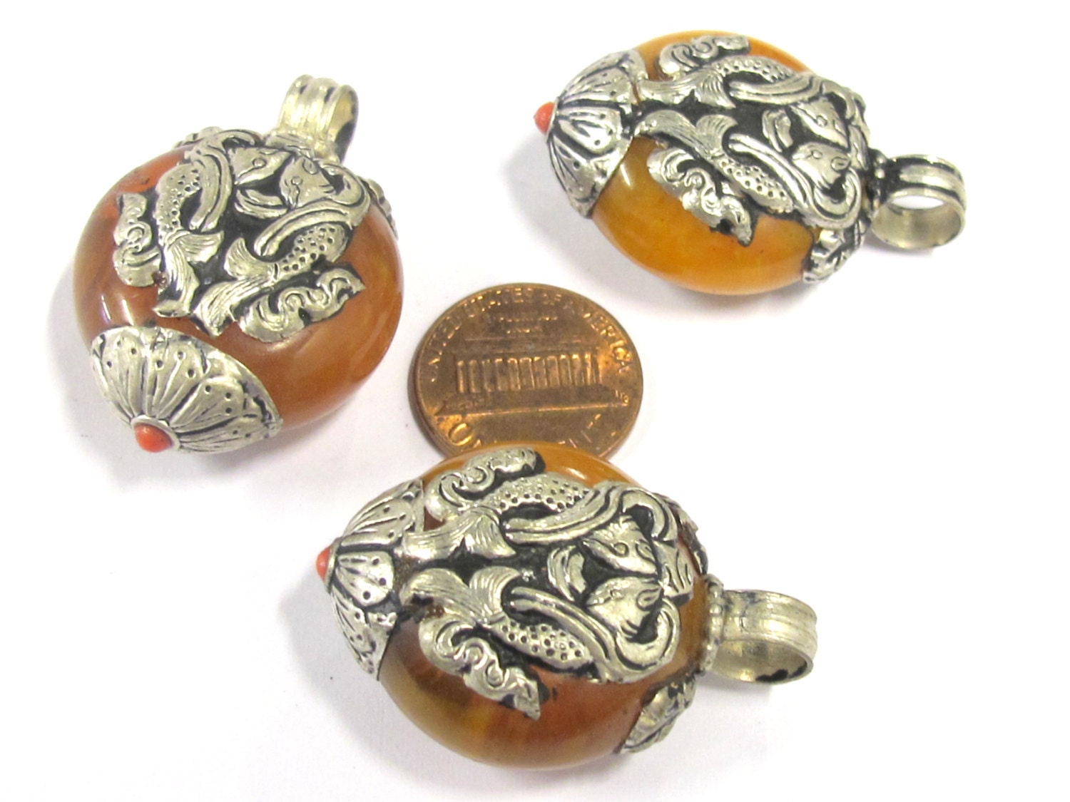 1 Tibetan pendant nepal pendant tibet Pendant charm - Reversible Tibetan silver double fish symbol copal resin pendant from Nepal - PM397