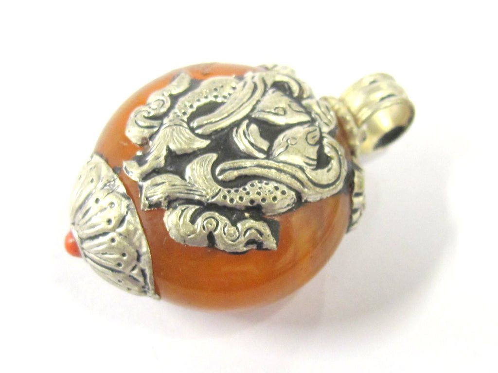 1 Tibetan pendant nepal pendant tibet Pendant charm - Reversible Tibetan silver double fish symbol copal resin pendant from Nepal - PM397