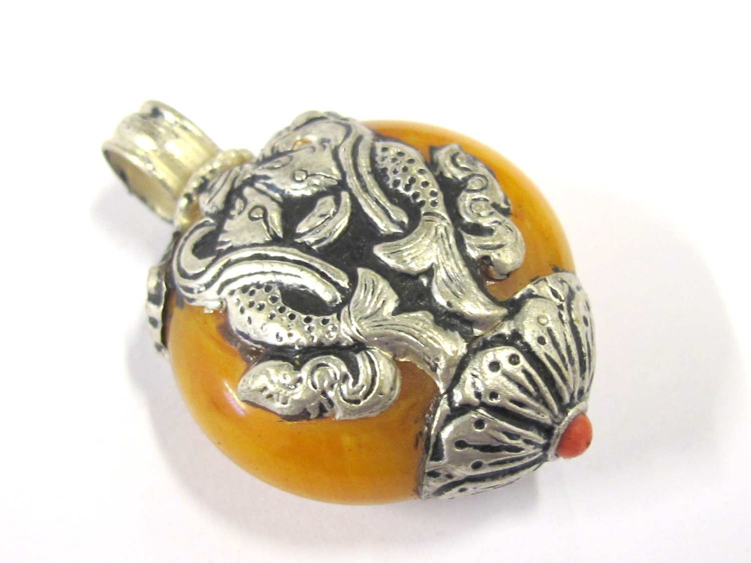 1 Tibetan pendant nepal pendant tibet Pendant charm - Reversible Tibetan silver double fish symbol copal resin pendant from Nepal - PM397