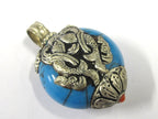 1 Pendant - Reversible Tibetan silver double fish symbol blue crackle resin pendant from Nepal - PM398