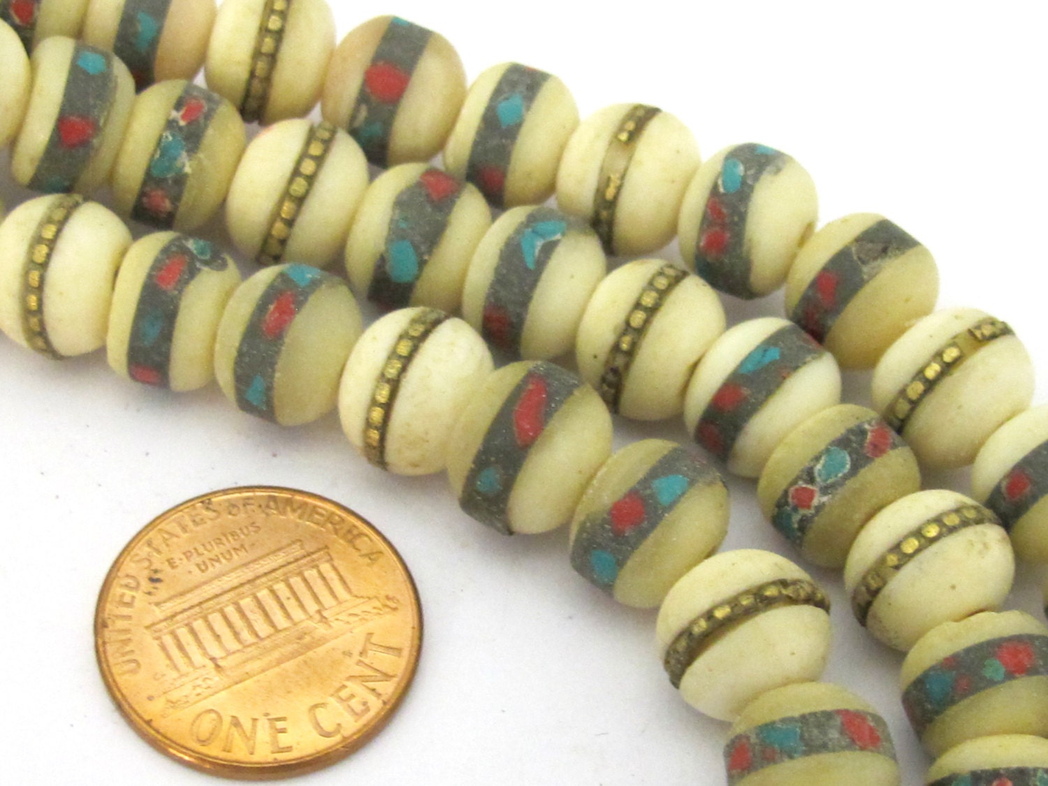 50 beads - 10 mm Tibetan cream white color upcycled cattle bone mala turquoise brass coral inlay beads - ML039B