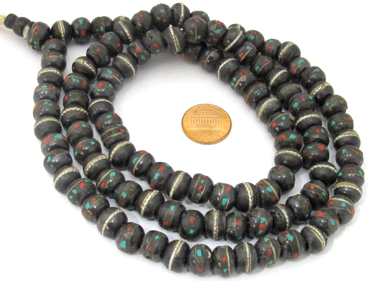 108 mala making bone beads - 10 - 11 mm Tibetan black brown color recycled cattle bone beads with turquoise inlay and Guru bead - ML040A