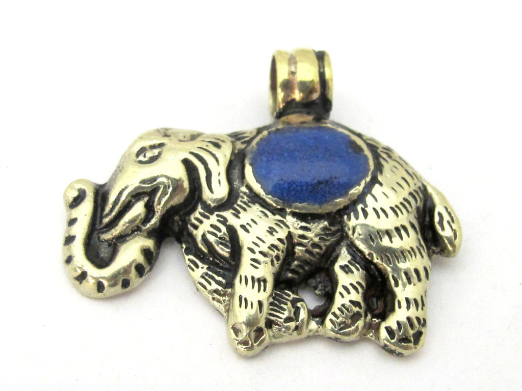 1 Pendant - Tibetan silver repousse carved elephant pendant with lapis inlay handcrafted from Nepal - PM254C